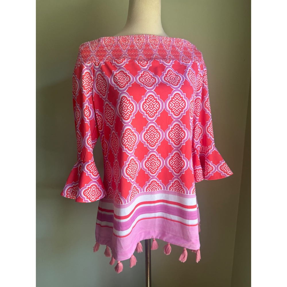 Cabana Life Pink Coral Smocked Off Shoulder Tassel Tunic Top L resort boho beach
